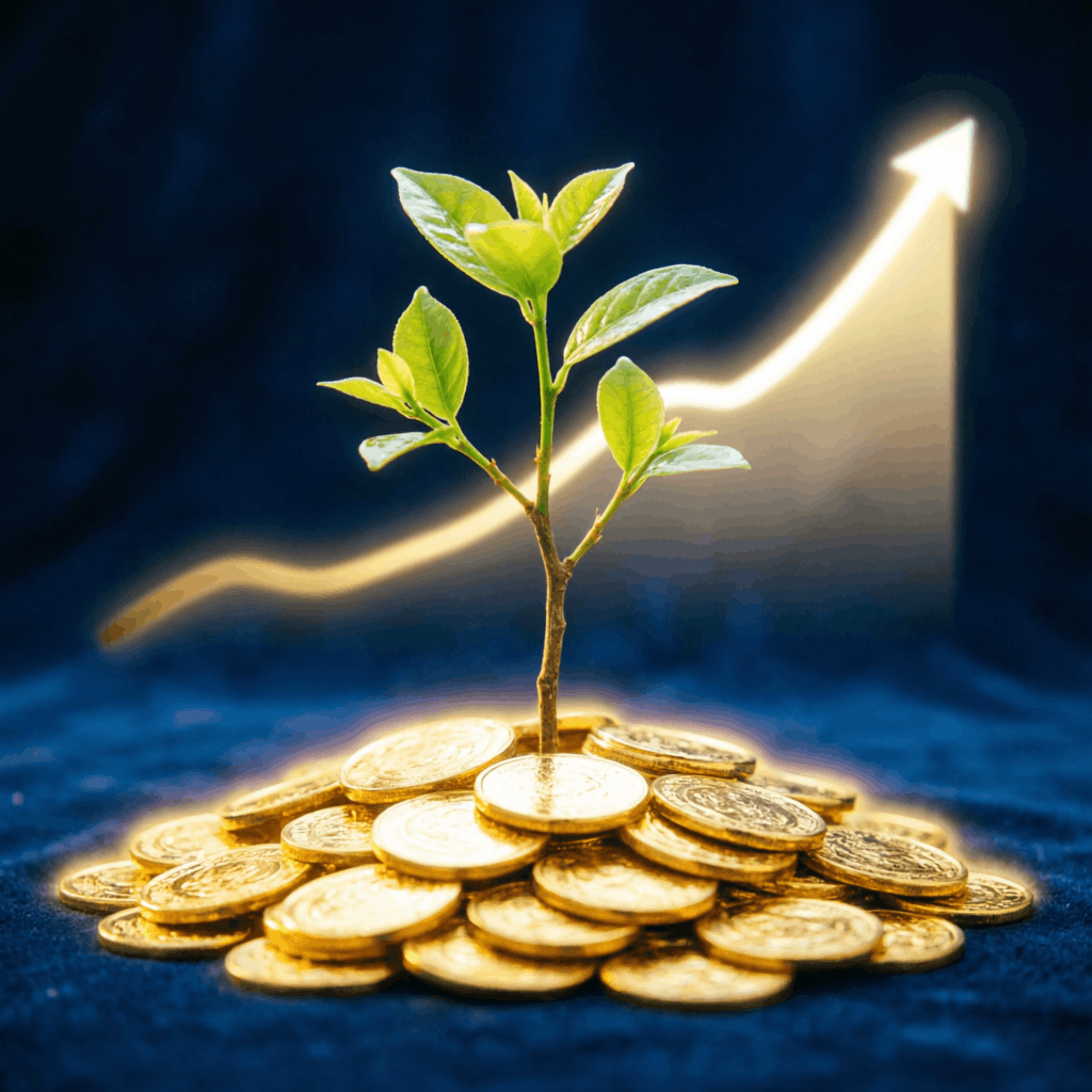 Small green plant growing from gold coins beside rising financial chart representing best wealth management insurance advisor services in Rajasthan